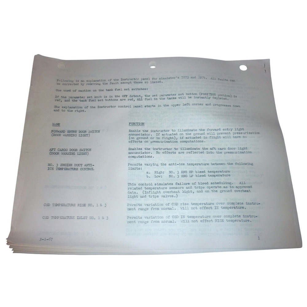 Vintage 1967 Boeing 727 Flight Simulator Instructor Control Panel Manual